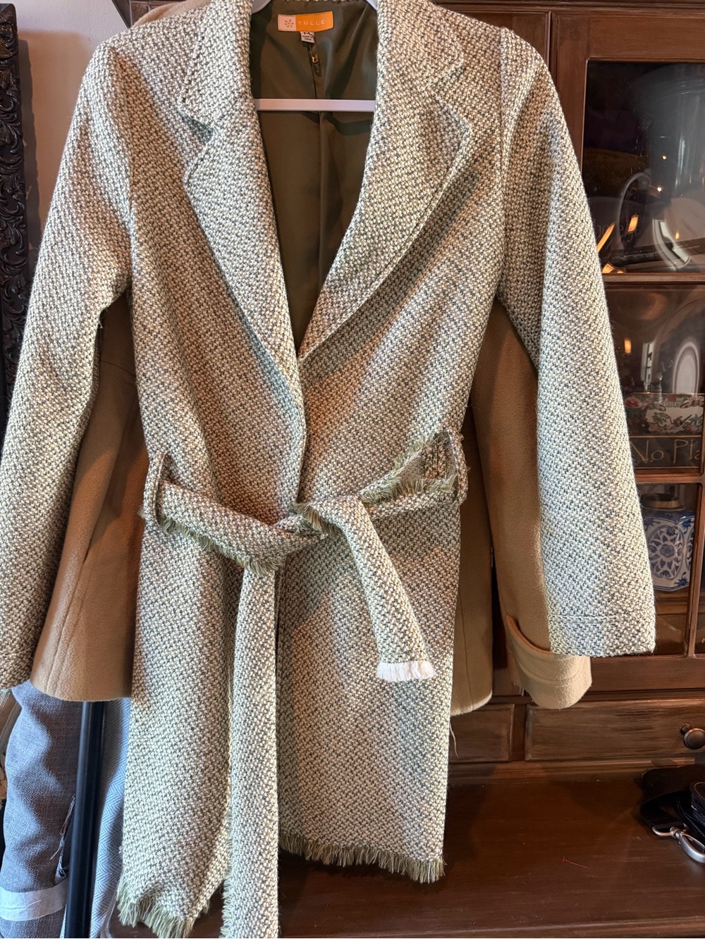 Tulle Light Green Tweed Belted Trench